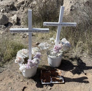 A civilian made memorial located adjacent to the largest detached fragment, about .25 mile downstream of the Saint Francis Dam