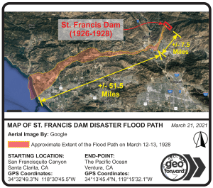 Map of St. Francis Dam Disaster Flood Path by Geo Forward 2021
