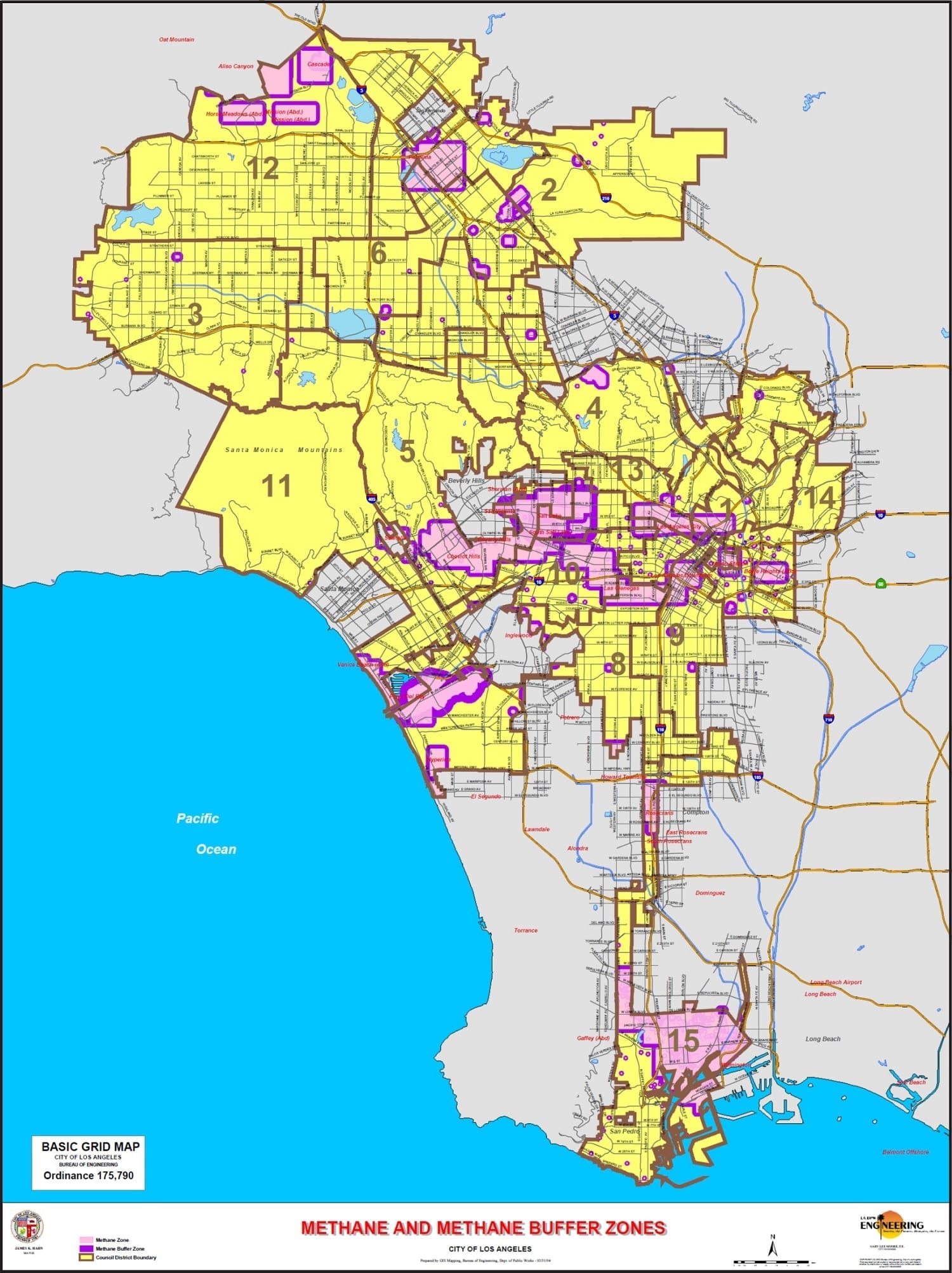 Los Angeles Methane Zone Map: Locate a property on this map to determine if methane zone testing or methane buffer zone mitigation is needed.